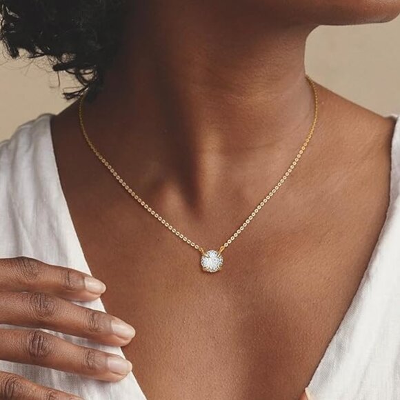 Women's 14K Gold Plated Cubic Zirconia Round Shaped Dainty Pendant Necklace - Picture 4 of 6